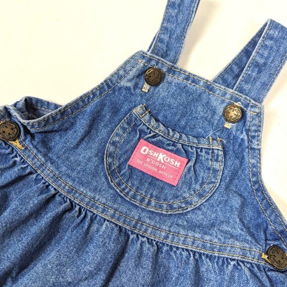 Vtg Oshkosh Bgosh Skirtall Dress Baby Girl Sz 18m Denim Pink Patch Twirl Classic - Picture 2 of 5